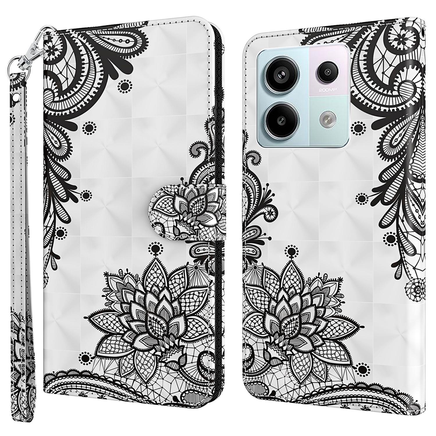 

For Xiaomi Redmi Note 13 Pro 5G/Poco X6 5G Case with Hand Strap 3D Pattern Printing Leather Phone Cover Lace Flower
