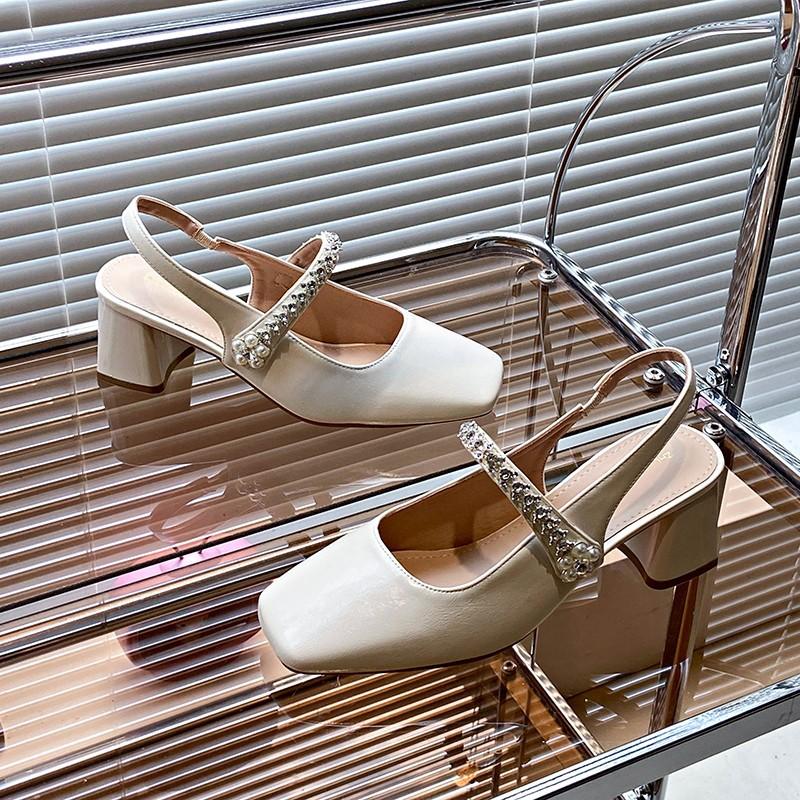 French rhinestone rear empty Mary Jane shoes women's 2025 summer new versatile thick heel high heels retro buckle sandals