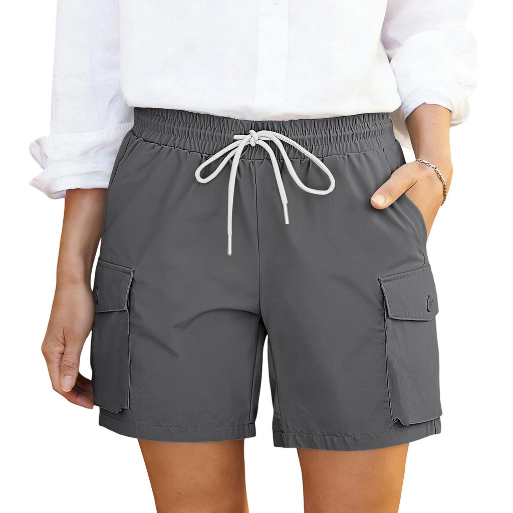 Shorts cargo décontractés pour femmes à taille à cordon avec poches Coupe décontractée Ceinture élastique Tissu léger