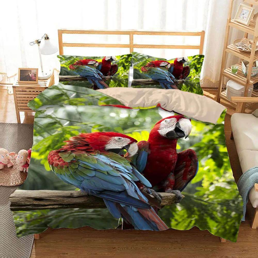 Macaw Bedding Set King/Queen Size Colourful Parrot Duvet Cover Boys Natural Tropical Green Plant Bird Polyester Quilt Cover