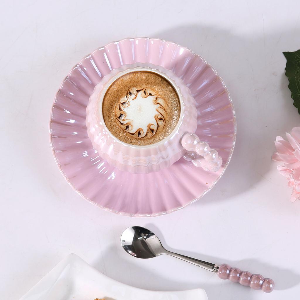 Light Luxury Creative Ceramic Coffee Cup Saucer Set Ins Pearlescent Glaze Ceramic Afternoon Tea Cup Saucer Set Cup with Spoon