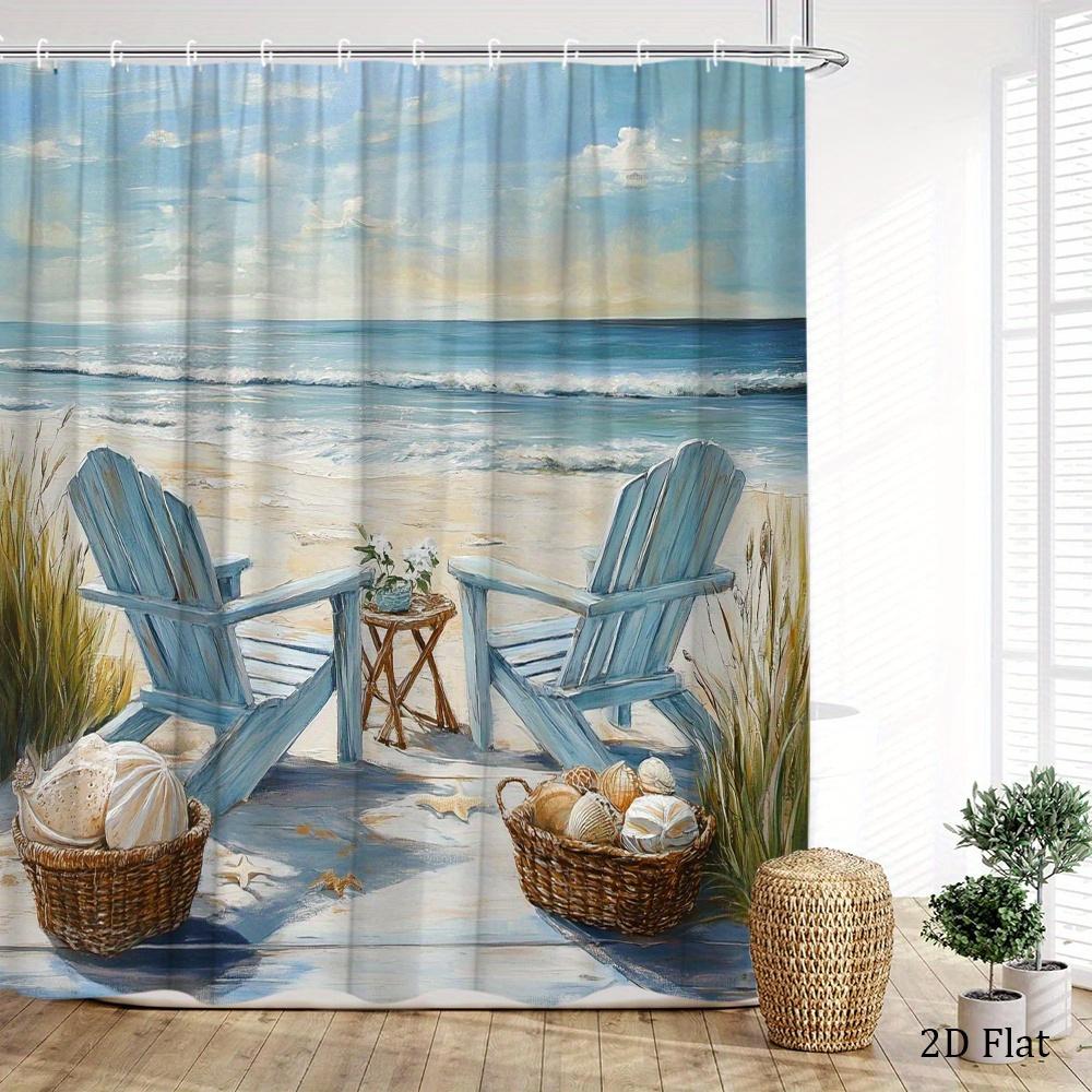 Seaside Relaxation Shower Curtain Waterproof Fabric Bathroom Curtain Beach Chair Ocean Wave Print Bath Screen Divider Home Decor