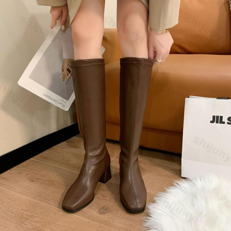 Autumn Woman Knee-High Boots Fashion Comfort Soft Leather Square Toe Low Heel Long Boot 2026 Women's British Style Botas Mujer