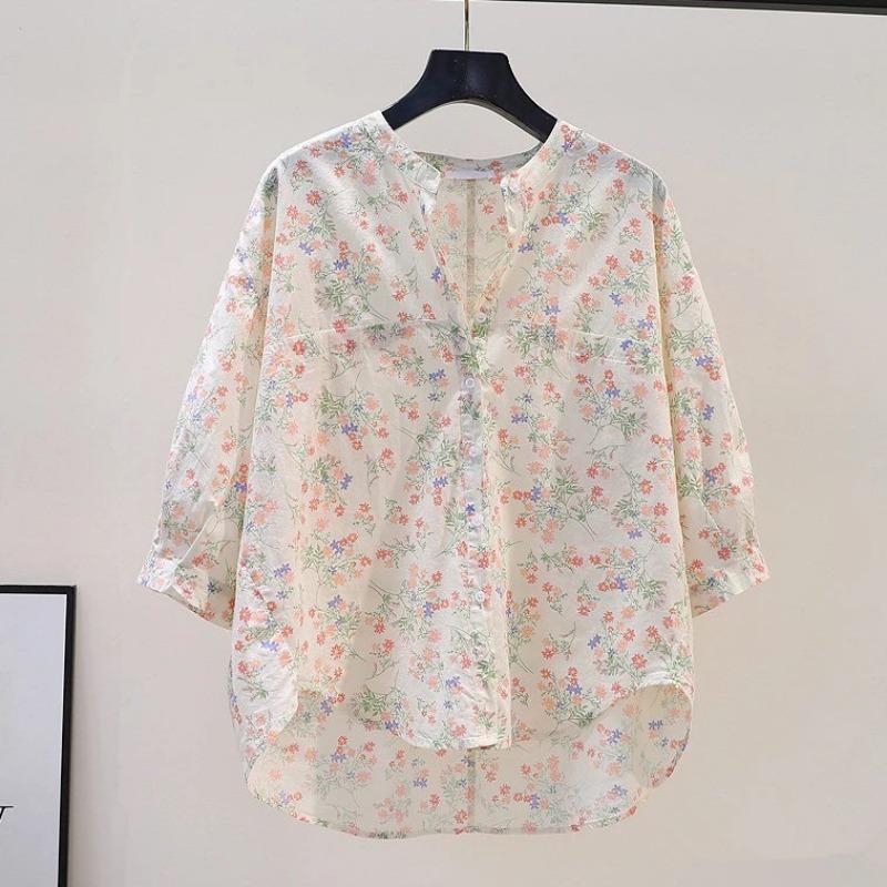 Round Neck Floral Shirt for Women Retro Loose Casual Summer Quarter Sleeve Top Trend