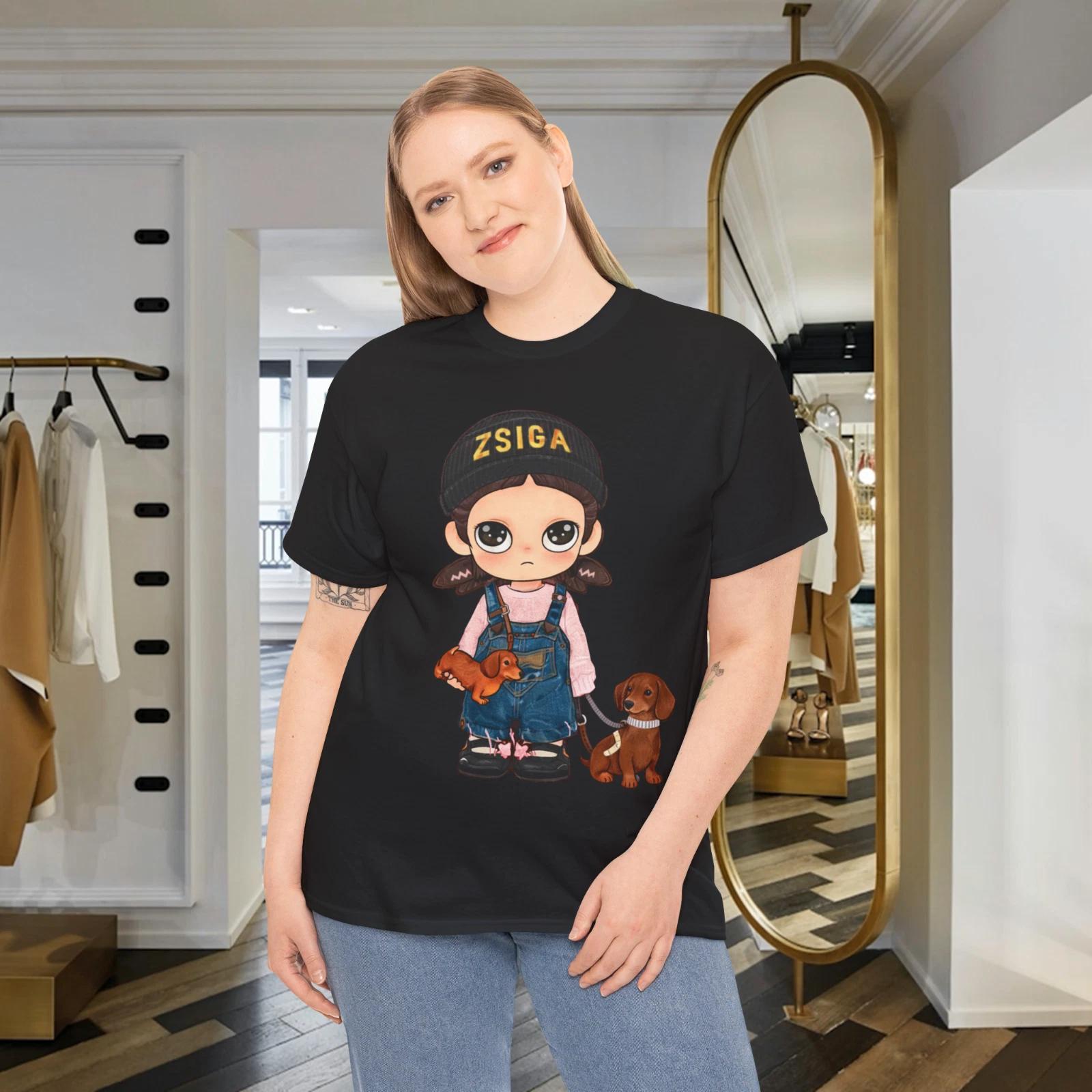 Cute Chibi Girl With Dachshund Dogs Kawaii Cartoon Graphic T-Shirt Art Tee S