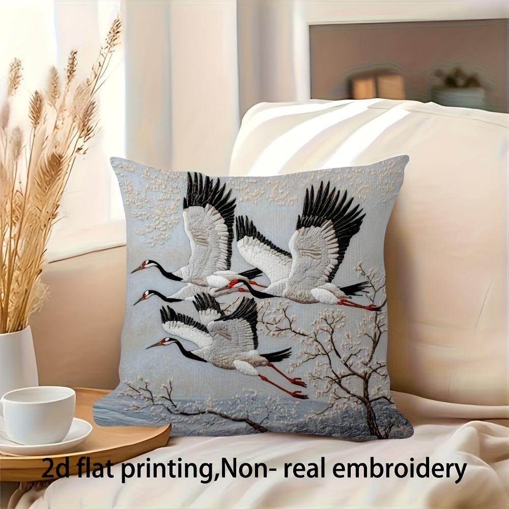 2D Flat- Vintage Flying Red Crowned Cranes Decorative Throw Pillow Cover Winter Landscape Square Cushion Case