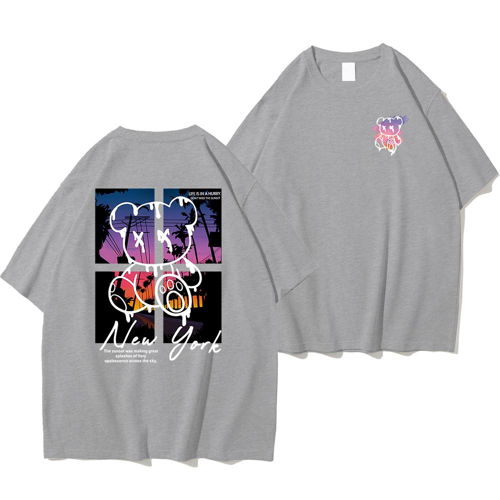 New York Art Word Cartoon Bear Sunset Scenery Design T Shirts Men Fashion Cotton Shirt Loose Summer T Shirts Oversized Tee