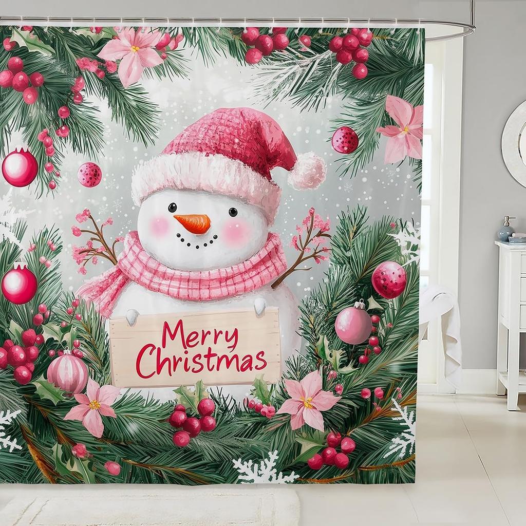 Christmas Happy Santa Claus Shower Curtain Red Xmas Decorations Fabric Shower Curtain,White Snowflake Bathroom Shower Curtain