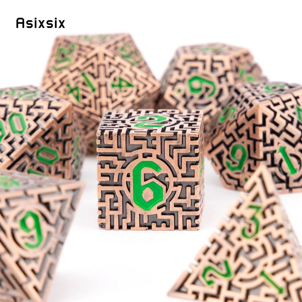 7 Pcs Copper Green Metal Dice Maze Solid  Metal Polyhedral Dice Set Suitable for Role-Playing RPG  Board Game Card Game