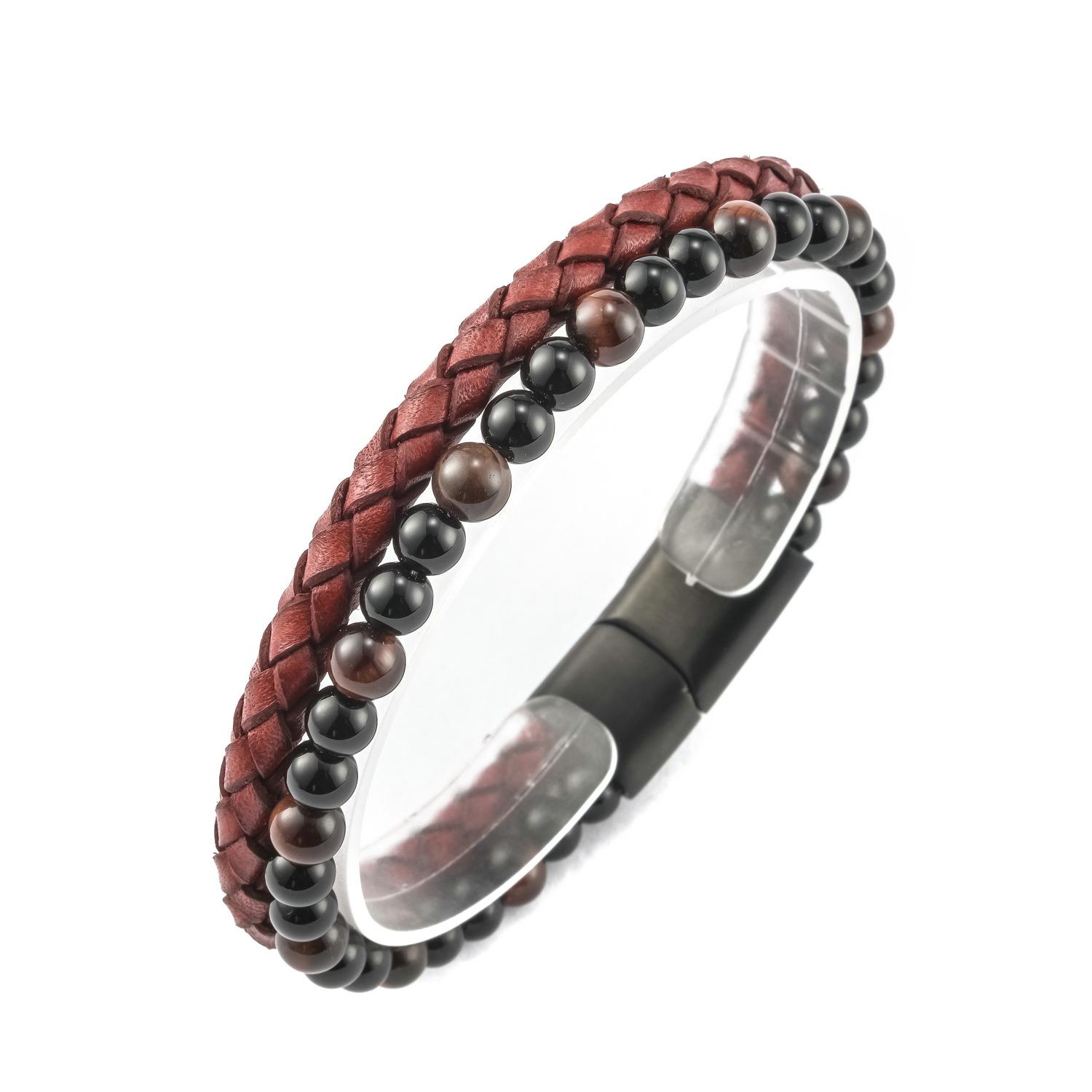 Volcano Natural Tiger s Eye Beaded Bracelet Men s, Cowhide Rope Agate Bracelet Fashion Jewelry