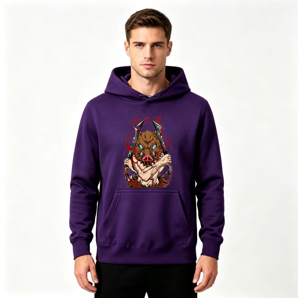 Men's Anime Boar Mask Printed Pullover Hoodie Casual Long Sleeve Sweatshirt for Daily Wear
