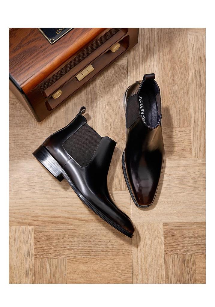 Men's British Style Genuine Cowhide Chelsea Boots - Shiny, Slip-On, Versatile High-Top Leather Footwear for Autumn/Winter