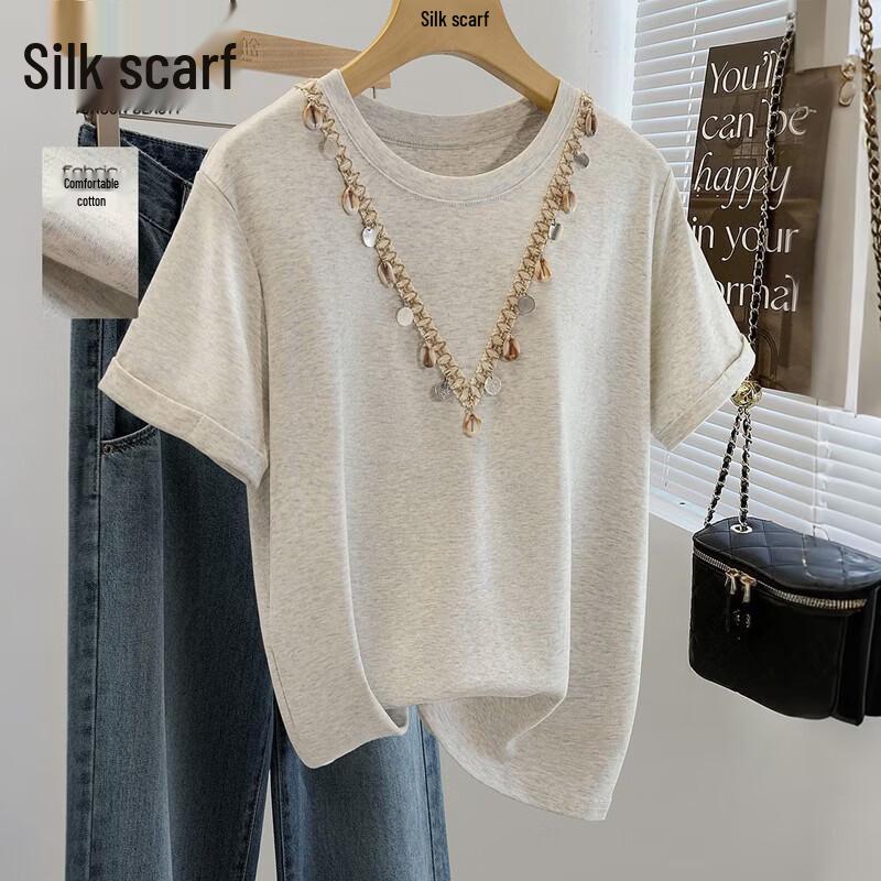 Women s Loose Fit Round Neck Sequin Short Sleeve T-Shirt One Size