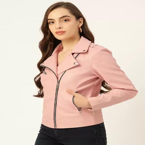 Noora Women's LADY PINK Leather JACKET Full Sleeve Solid Women Riding Jacket