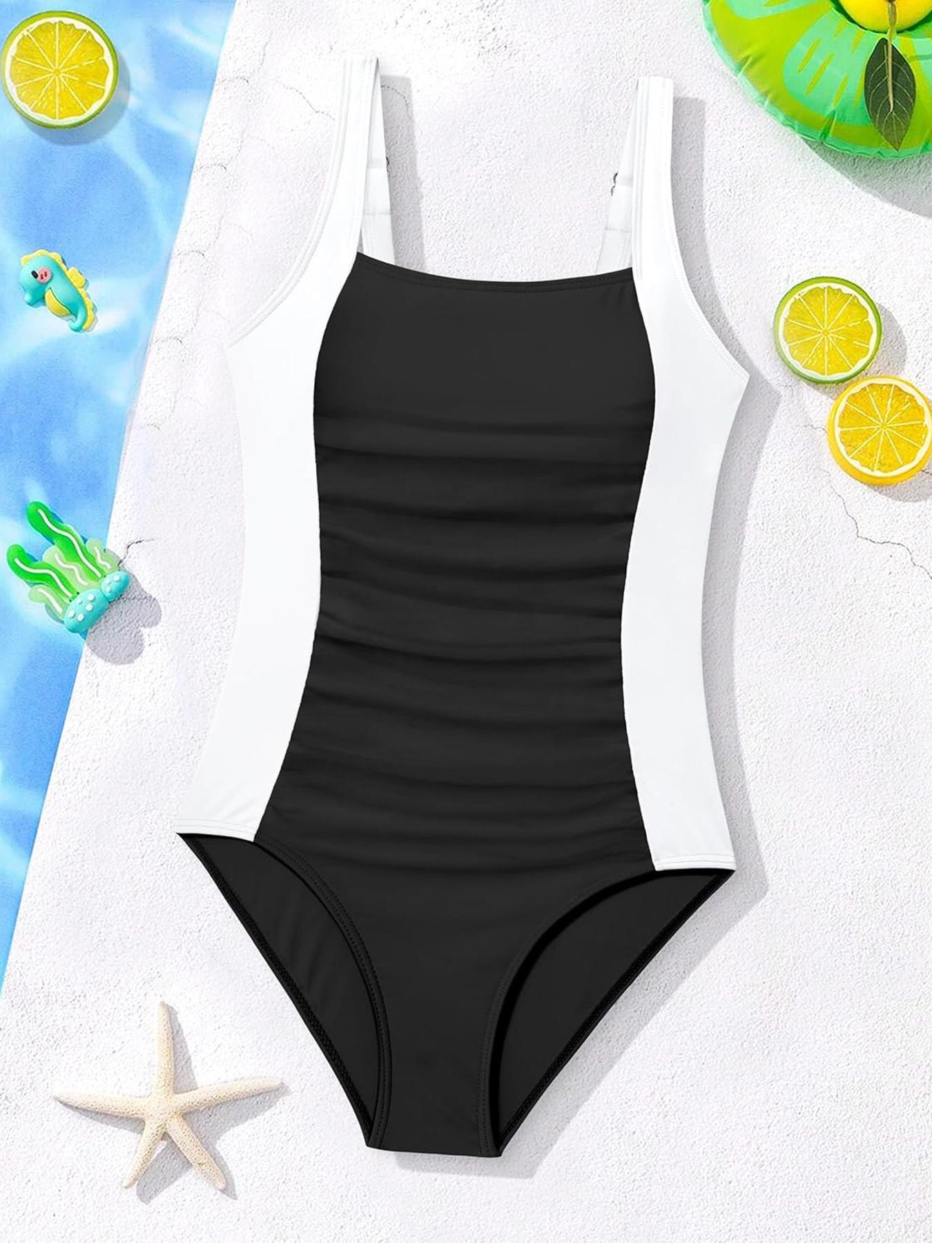 

Middle-aged and Older Girls Contrast Color One-Piece Swimsuit - Age Girls Swimsuit Beach One-Piece 7-8Y чёрный