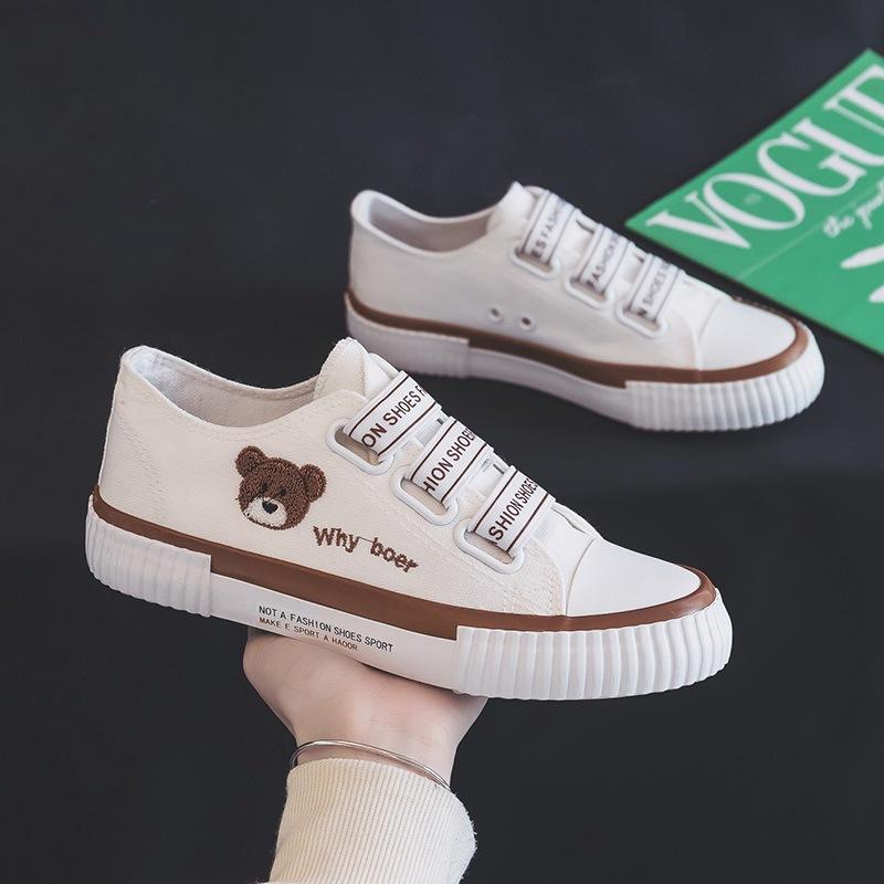 Canvas Shoes Women's New Summer Student Versatile Elastic Band Embroidered Bear Board Shoes One Pedal Lazy Shoes Women