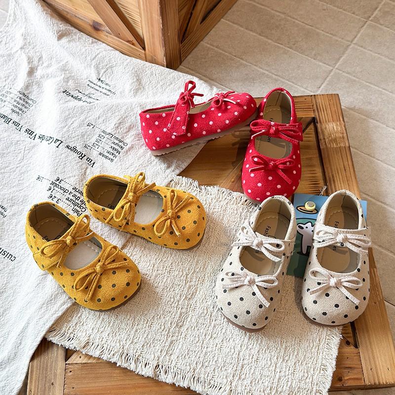Girls Flat Shoes With Polka Dots Bow Detail Soft Sole Slip-On Toddlers Kids