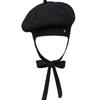 Brown Hat Tricot Ribbon Beret - Black