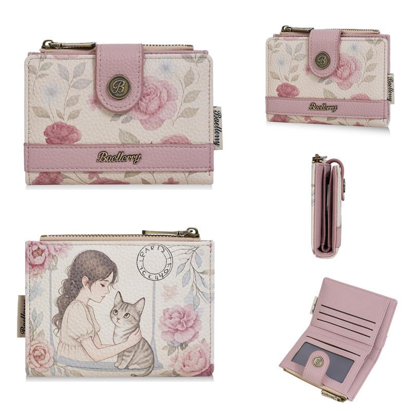 Baellerry Flowers Print Women Fashion Short Wallets Artificial Leather Zipper Coin Purse Money Pack