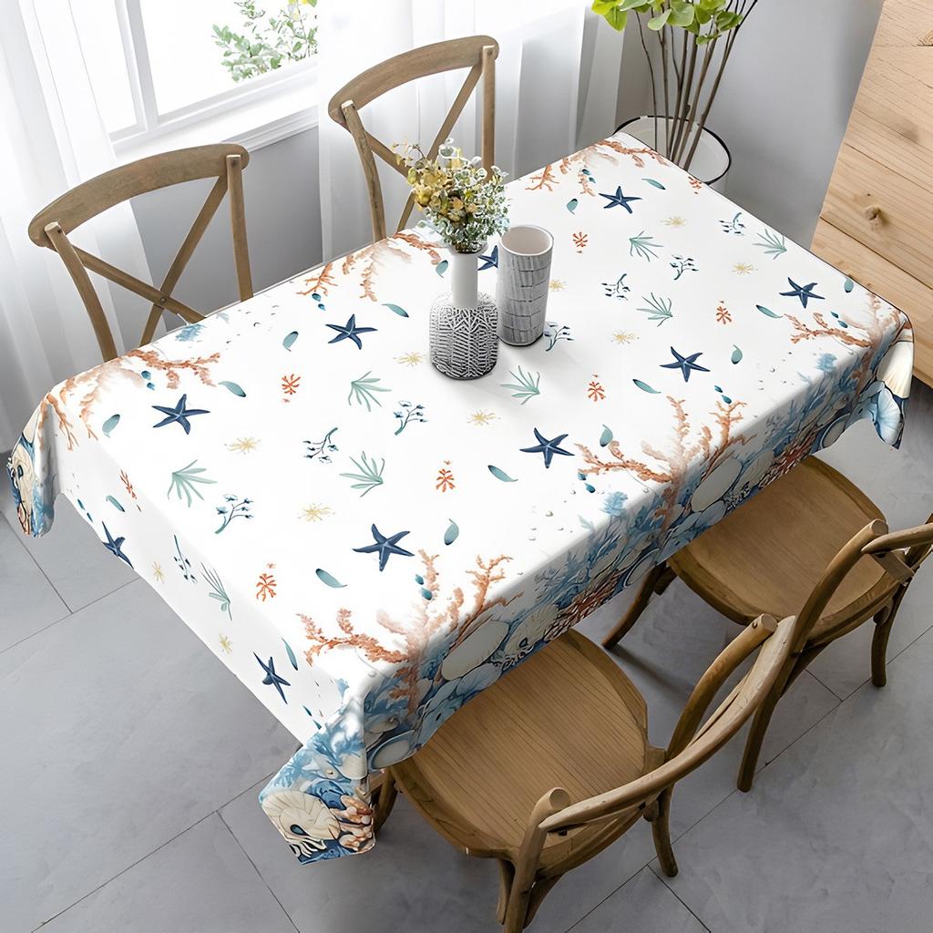 Summer Beach Theme Rectangle Tablecloth Holiday Party Decor Nautical Shell Starfish Print Table Cloth Kitchen Dining Table Decor