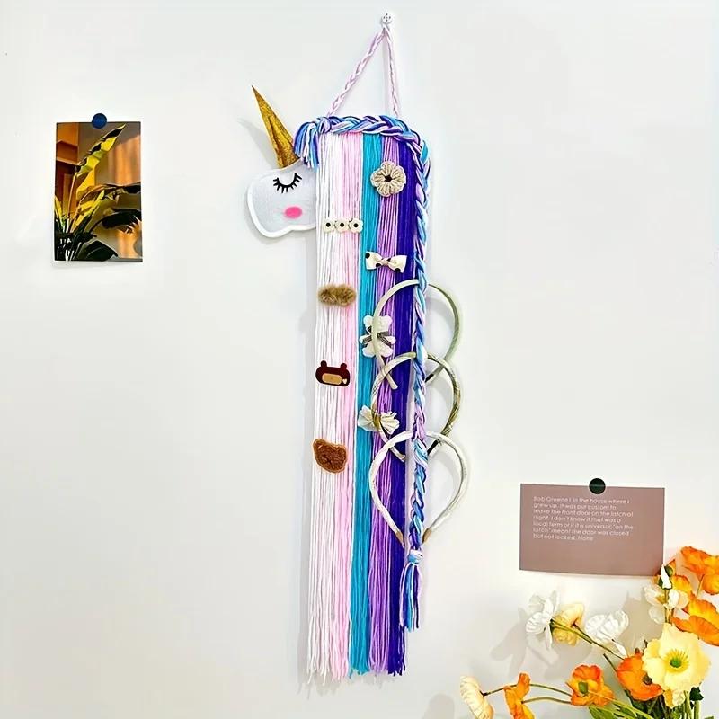 Handmade Boho Unicorn Wall Hanging Organizer - Felt Animal Head Hair Accessory Storage Strip, Charming Room Decor for Girls