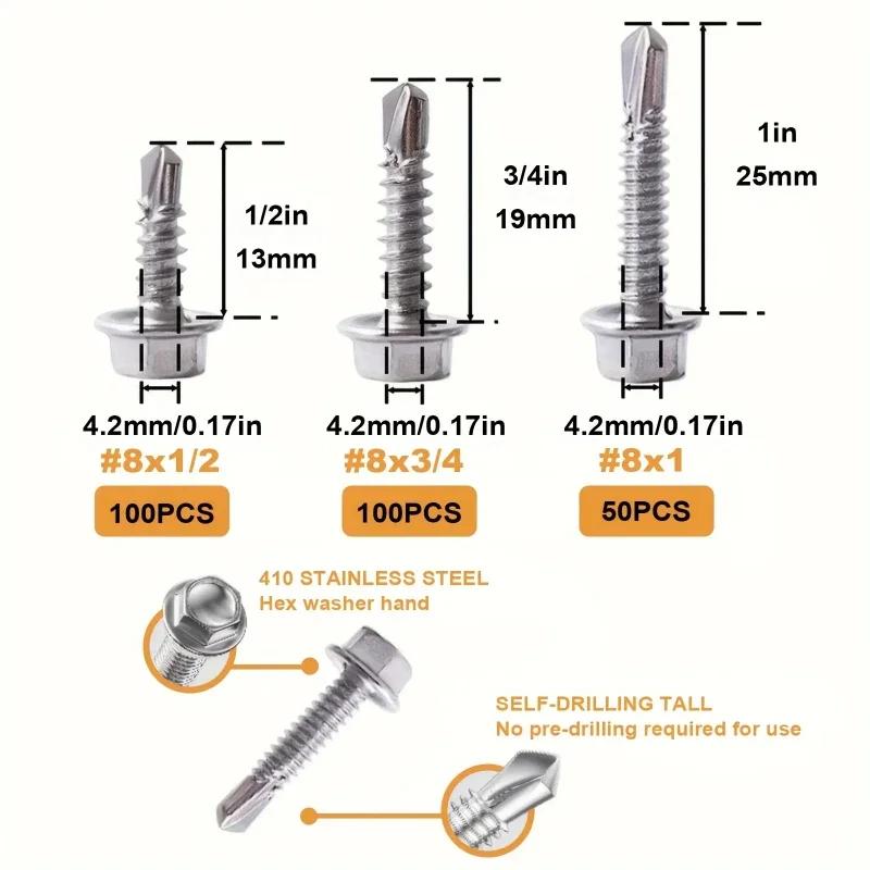 250pcs 410 Stainless Steel Self-Tapping Screws Kit , Hexagonal Self-Drilling Screws for Metal/Furniture