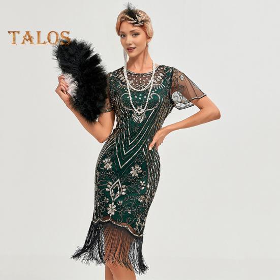 Ballkleid für Damen im Vintage-Stil, mit hohler Spitze, Quaste und Pailletten-Dekor, durchsichtig, runder Halsausschnitt, kurze Ärmel, schmale Passform, Reißverschluss auf der Rückseite, Cocktailparty