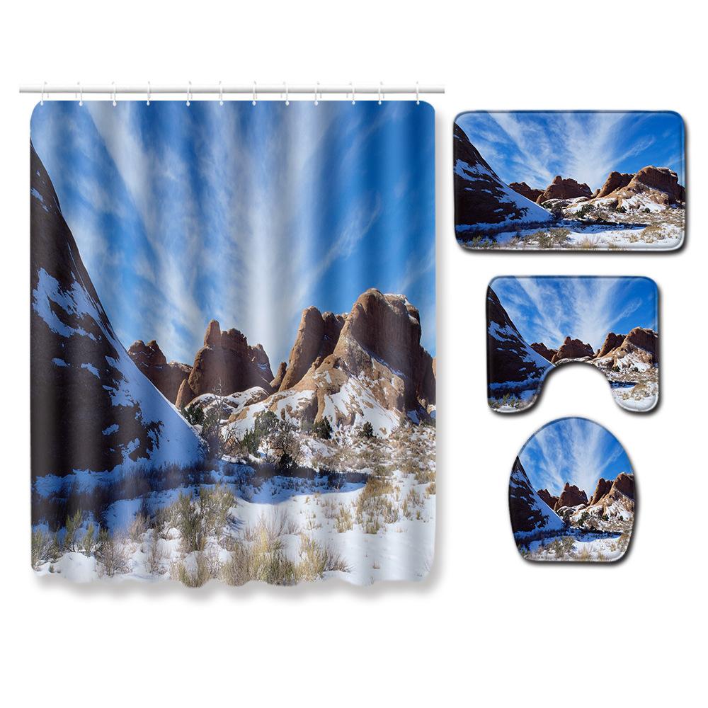Landscape Shower Curtain Floor Mat Combination Four-Piece Set Bathroom Toilet Carpet Shower Room Mat Foot Mat