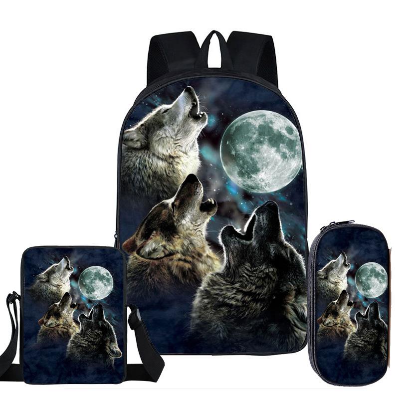 Trendy Popular Novelty wolf 3D Print 3pcs/Set pupil School Bags Laptop Daypack Backpack Inclined shoulder bag Pencil Case