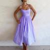 Women's U Neck Spaghetti Strap Midi Dress Slim High Waist Ruched A Line Maxi Dress Polyester Spring Sundress