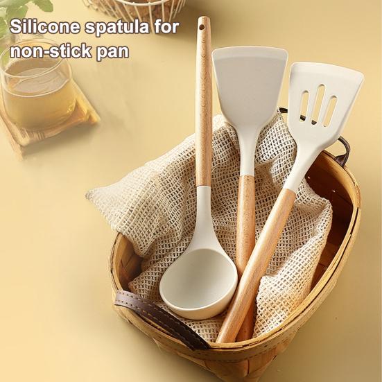 Silikonköksredskapsset med trähandtag Värmebeständig stekspade & slev