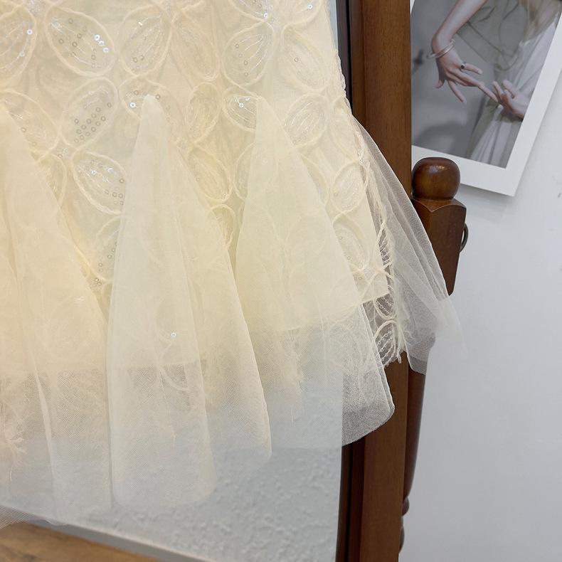 Girls' Pearl Button Sequin Cheongsam Mesh Fishtail Summer Dress - Short Sleeve Princess Style