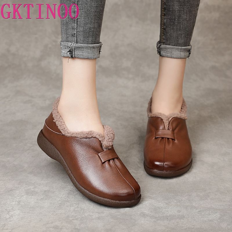 Fashion GKTINOO 2024 Shoes Women Winter Warm Wool Genuine Leather Flat Shoes Casual Loafers Slip On Women's Flats Shoes Moccasins Lady
