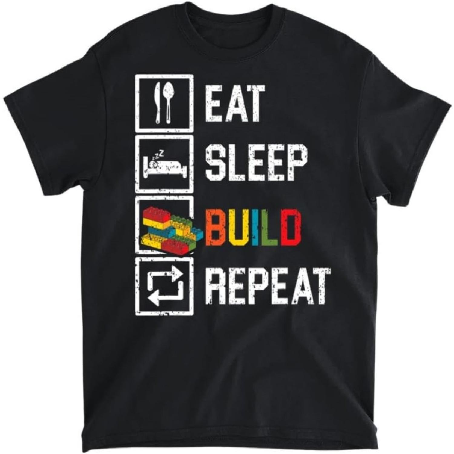 Eat Sleep Build Repeat Bricks Master Builder Building Blocks T-Shirt, Long Sleeve Shirt, Sweatshirt, Hoodie Unisex Adult Size Made in Canada S