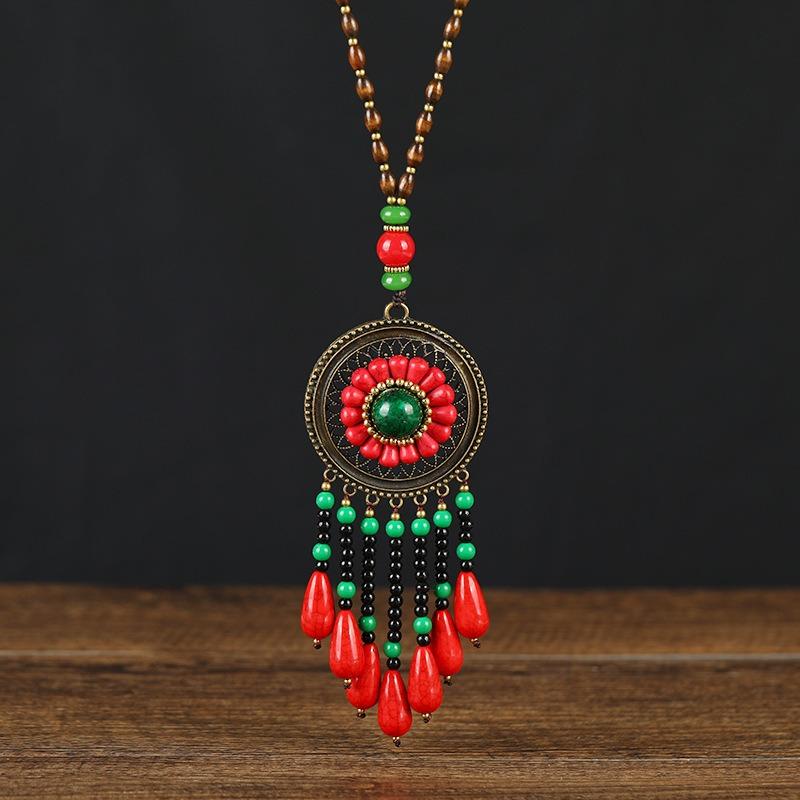 

Handmade retro red turquoise long necklace women s high-end temperament fringed autumn and winter sweater chain decorative pendant