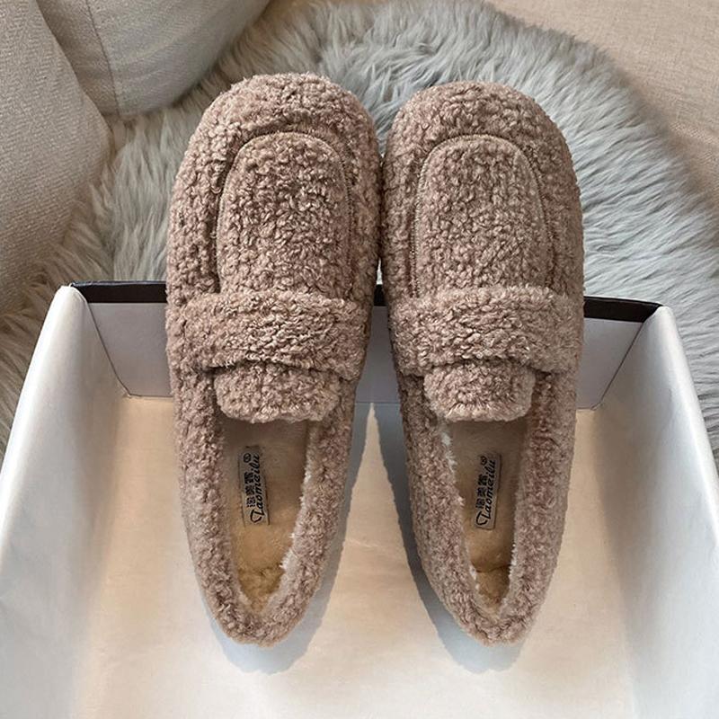 Fashion 2025 Ladies Luxury Lambswool Loafers Moccasins Femme Winter Cotton Shoes Women Warm Plush Slip On Curly Furry Sheep Fur Flats
