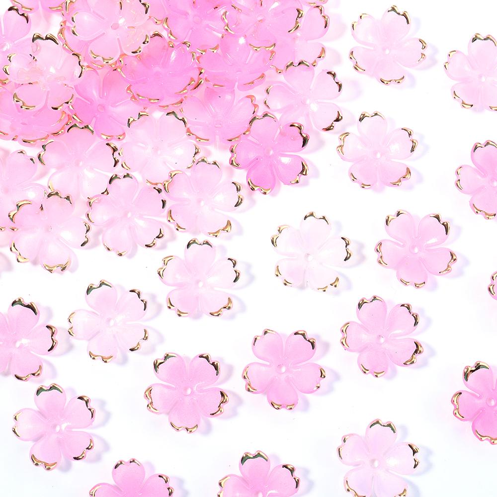 50pcs/lot Colorful Cherry Blossom Acrylic Beads Golden Brushed Patter Petals Charm Connectors For Jewelry Making DIY Acessories