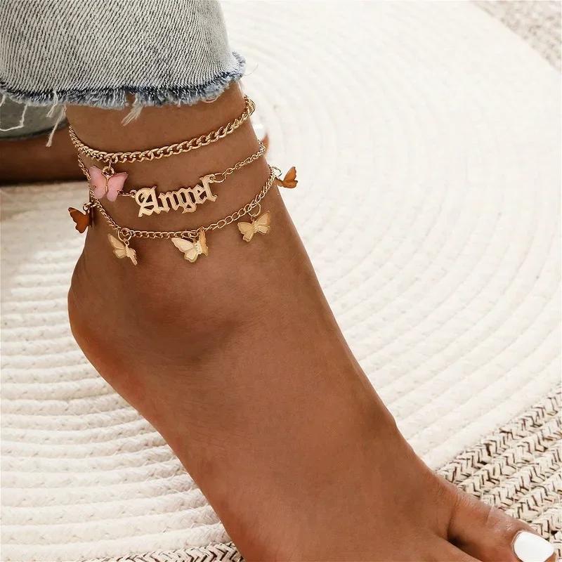 Girls Fashion Casual Ins Wind Retro English Alphabet Anklet Set Angel Pink Butterfly Three-piece Accessories Creative Gifts