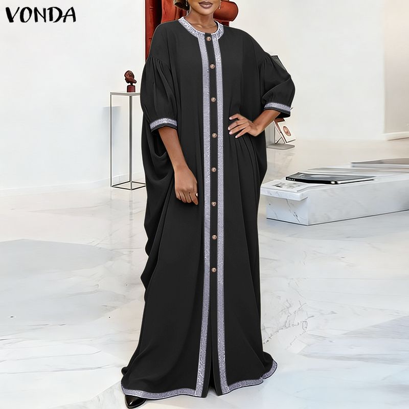 VONDA Summer Women Half Batwing Sleeve Patchwork Hem Casual Loose Long Robe Dress