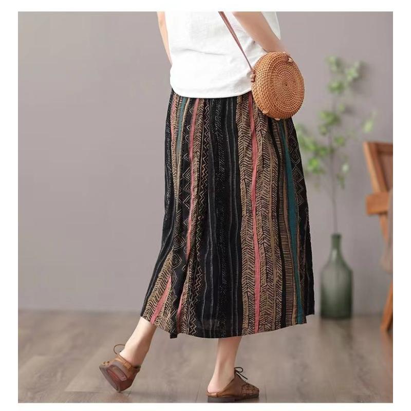 Damen Vintage Print Langer Rock Elastische Taille A-Linie Fließend Boho Lässig Midi Rock