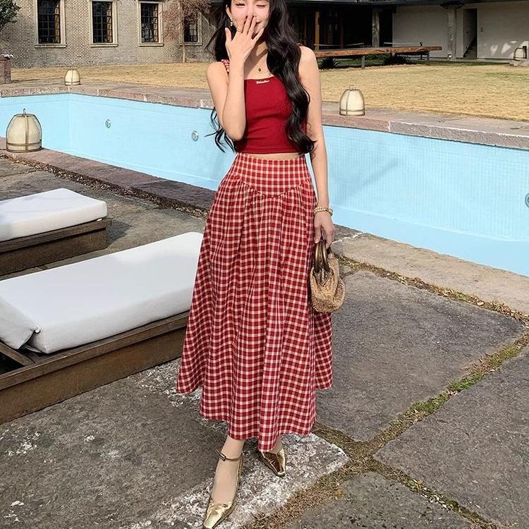 French Retro High-End Red Plaid Midi Skirt for Women - 2025 Summer Trend