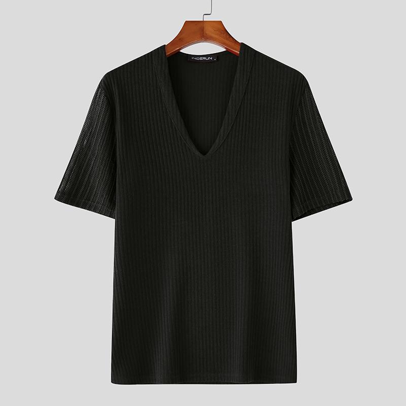 

INCERUN Summer Men Deep V Neck Patchwork Short Sleeves Fitted T-shirts Tops 3XL чёрный