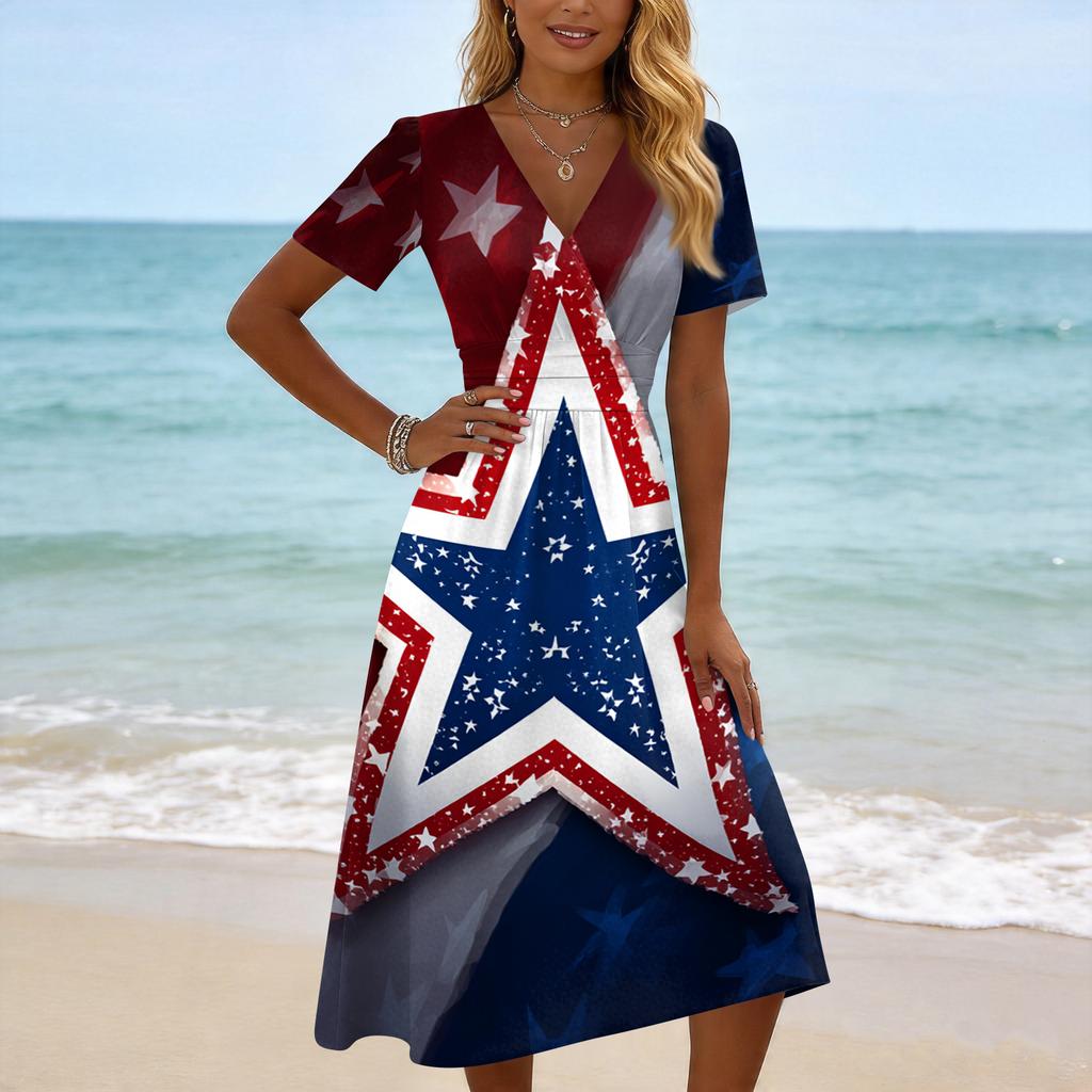 Women's Casual Fashion Independence Day Printed Short-Sleeve V-Neck Dress
