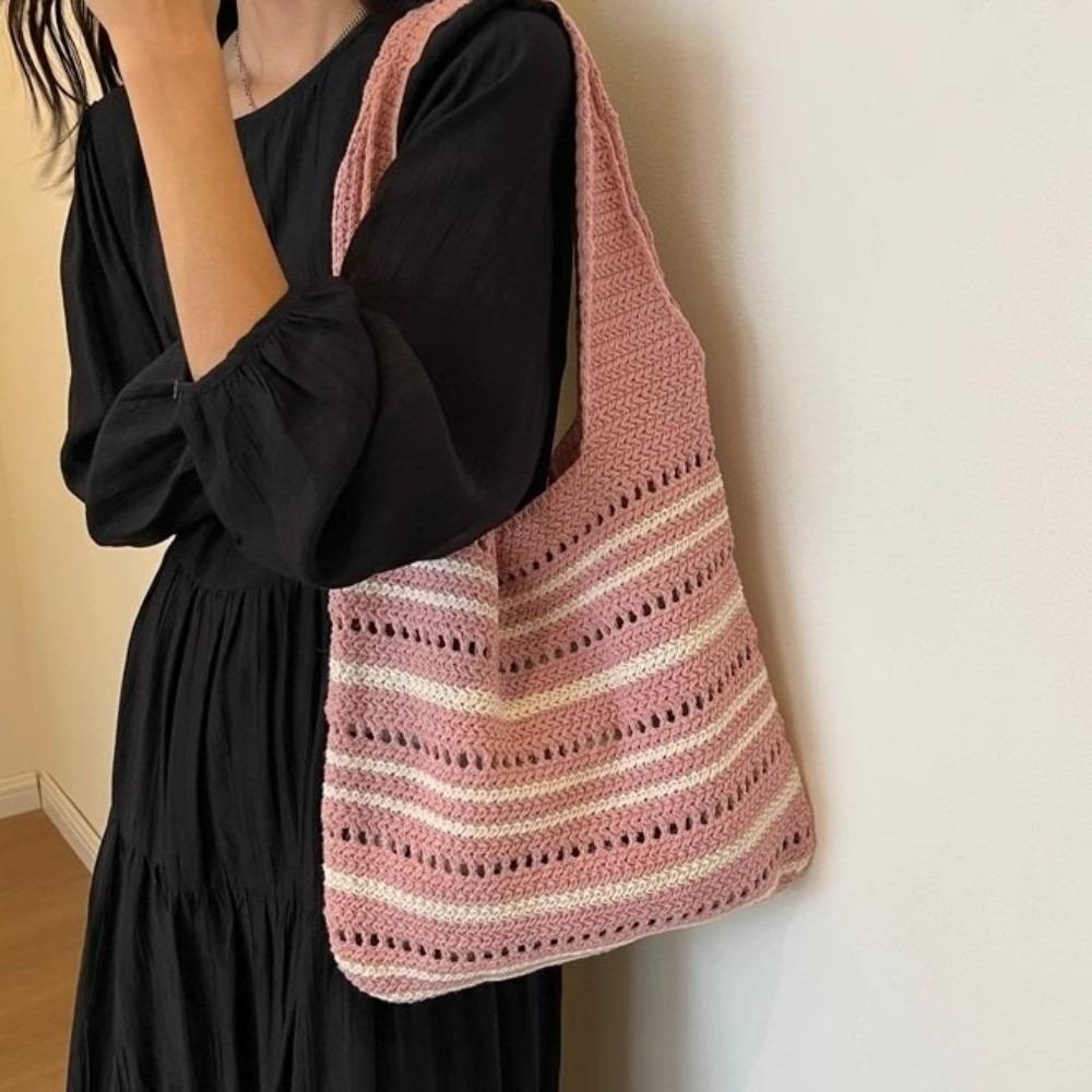 Striped Pattern Woven Shoulder Bag Bohemian Hollow Out Beach Bag New Knitted Tote Bag  Versatile