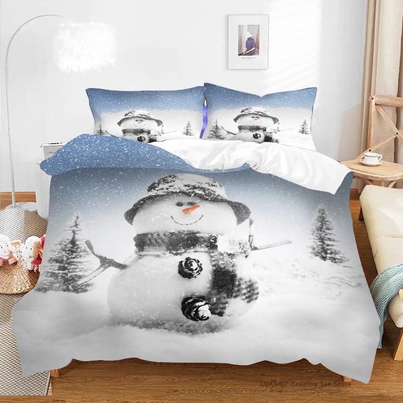 3Pc Duvet Cover Christmas Series Snowman Red Hat Gift Print Festive Bedding Set for Kids and Adults Single Double Queen 220x240