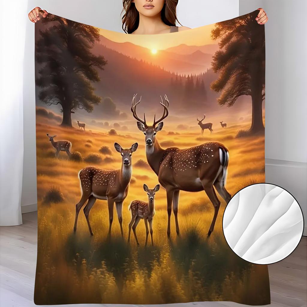 Wildlife Sika Deer Family Sunset Meadow Landscape Pattern Flannel Blanket Warm Cozy Printed Throw Blanket Living Room Bedroom
