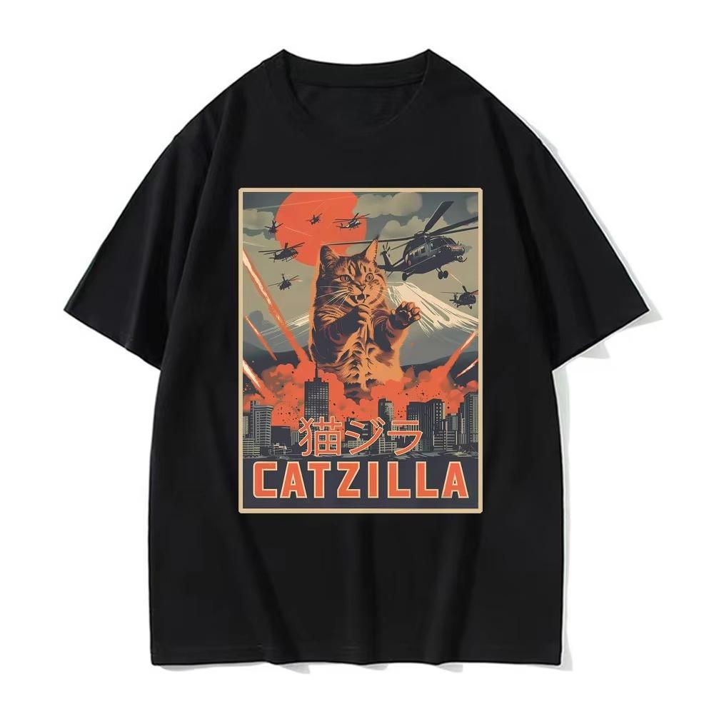 Lustiges Katzen-Meme Herrenhemd Y2k Japanische Catzilla Filmplakat Grafiken Oversized Damen Rundhals Kurzarm T-Shirt