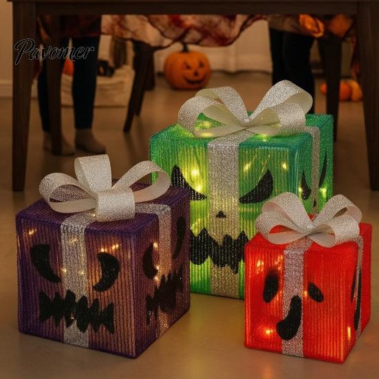 Handmade Pumpkin Face Props 3Pcs Lighted Halloween Gift Boxes, Spooky Glowing Outdoor Doorway Landscaping Presents Box, Warm Light Holiday Ornament