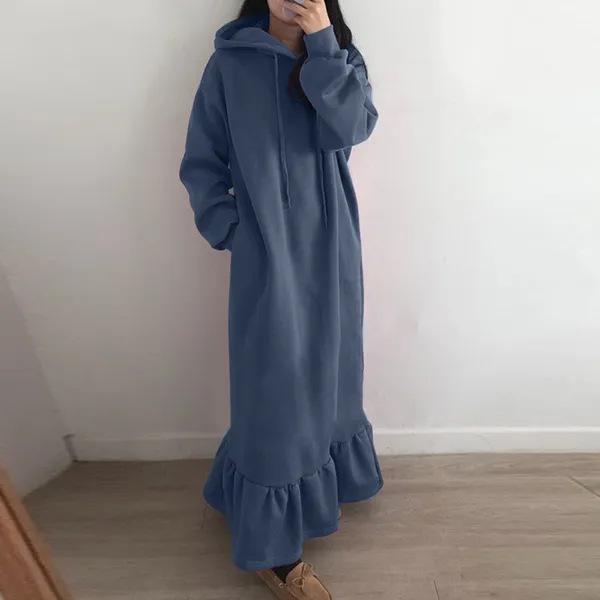 Women's Drawstring Hooded Maxi Sweatshirt Dress Ruffle Hem Pocket Loose Plus Size Fleece Lined Winter Long Dress
