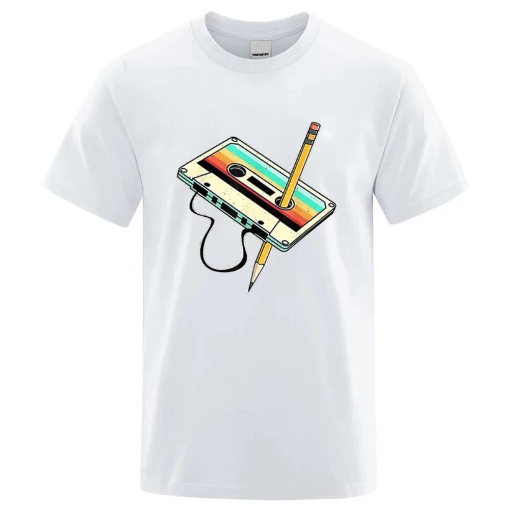 80s Nostalgia Cassette Pencil Graphic Tee Retro Music Unisex Short Sleeve Cotton Blend Vintage Y2K Streetwear Tshirt Men Women